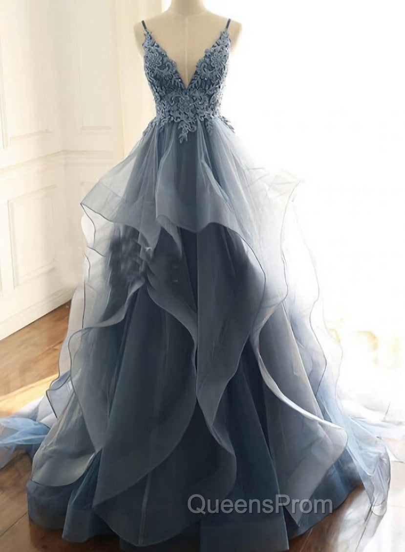 Blue Lace Top with Layers Tulle Evening Prom Dress, New Straps Evening Gown Main image
