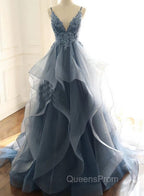 Blue Lace Top with Layers Tulle Evening Prom Dress, New Straps Evening Gown