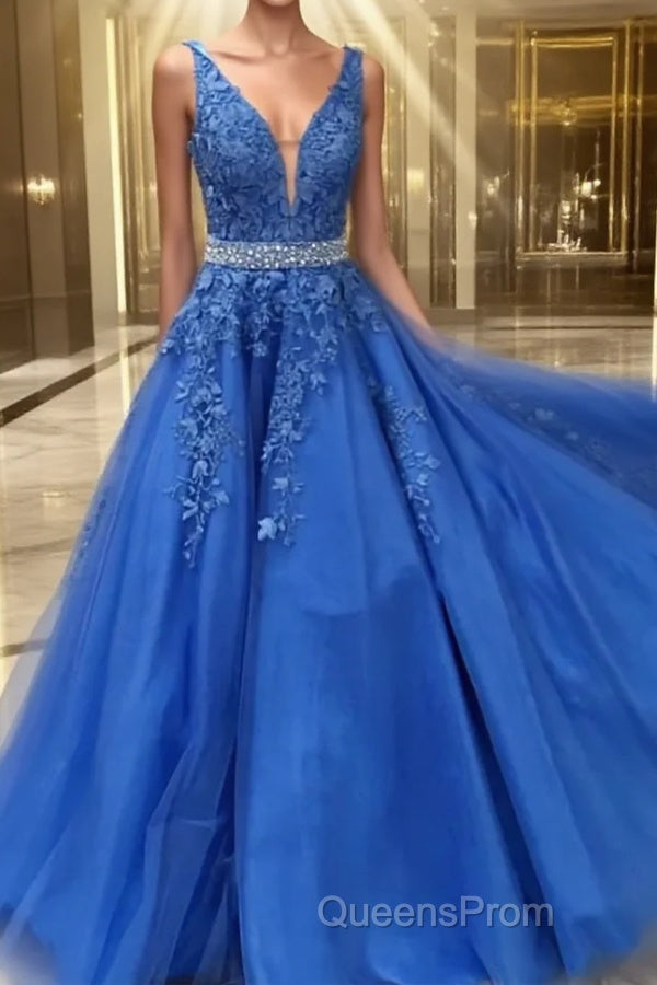 Blue lace tulle long Evening Prom Dress, blue tulle lace evening Dress Main image