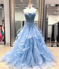 Blue Lace Tulle Long Evening Prom Dress, Blue Lace Ball Gown, Blue Lace Formal Dress, Evening Dress