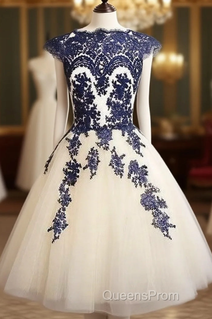 Blue Lace Tulle Short Evening Prom Dress, Homecoming Dress, Bridesmaid Dress Main image