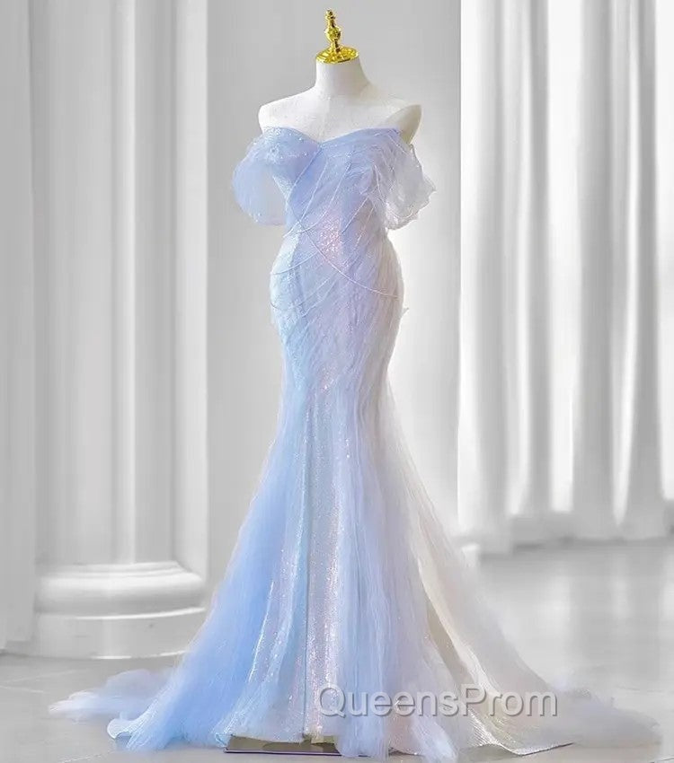 Blue Laser Sequin Beaded Mermaid Women Evening Dress with Puff Sleeves Tassel Pearls Tulle Train Evening Prom Gown Secondary image