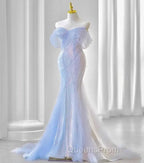 Blue Laser Sequin Beaded Mermaid Women Evening Dress with Puff Sleeves Tassel Pearls Tulle Train Evening Prom Gown