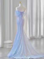 Blue Laser Sequin Beaded Mermaid Women Evening Dress with Puff Sleeves Tassel Pearls Tulle Train Evening Prom Gown