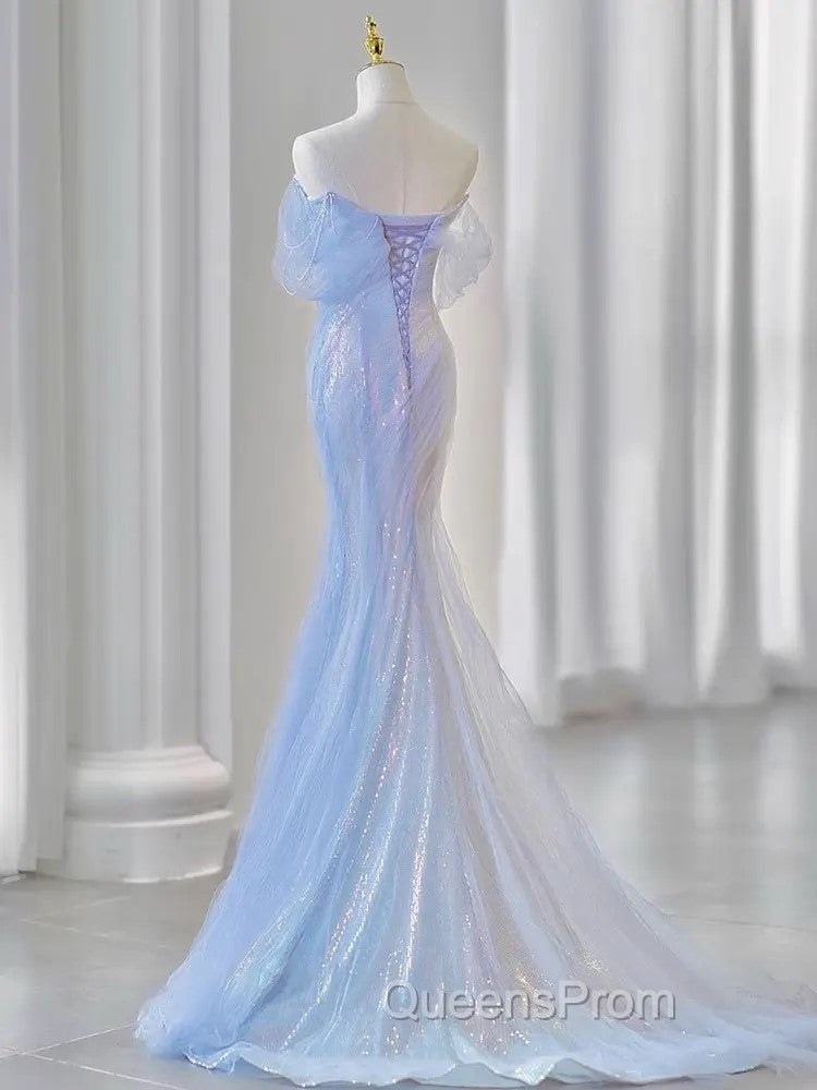 Blue Laser Sequin Beaded Mermaid Women Evening Dress with Puff Sleeves Tassel Pearls Tulle Train Evening Prom Gown