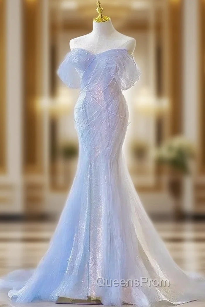 Blue Laser Sequin Beaded Mermaid Women Evening Dress with Puff Sleeves Tassel Pearls Tulle Train Evening Prom Gown Main image