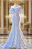 Blue Laser Sequin Beaded Mermaid Women Evening Dress with Puff Sleeves Tassel Pearls Tulle Train Evening Prom Gown