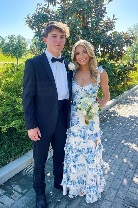 Blue Elegant A-Line Layered Chiffon Floral Backless Long Ball Gown Classy Evening Dress Classy Prom Dress Graduation Dress