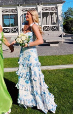 Blue Elegant A-Line Layered Chiffon Floral Backless Long Ball Gown Classy Evening Dress Classy Prom Dress Graduation Dress