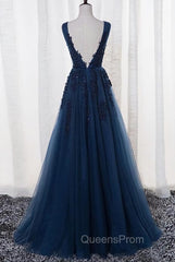 Blue Long A-line Bridesmaid Dress, Dark Blue Tulle Party Dress