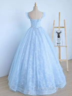 Blue Long Lace Floral Evening Prom Dress, Long Blue Lace Evening Dress with Flowers