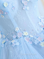 Blue Long Lace Floral Evening Prom Dress, Long Blue Lace Evening Dress with Flowers