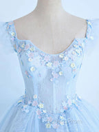 Blue Long Lace Floral Evening Prom Dress, Long Blue Lace Evening Dress with Flowers
