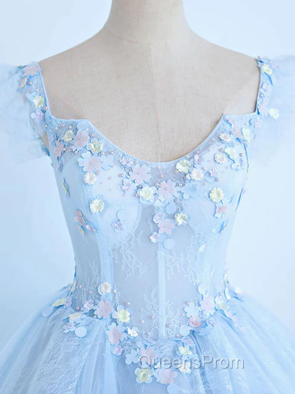 Blue Long Lace Floral Evening Prom Dress, Long Blue Lace Evening Dress with Flowers