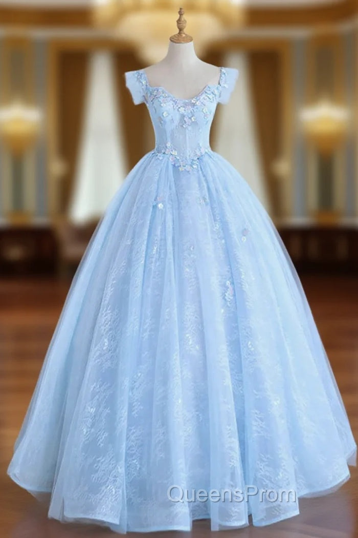 Blue Long Lace Floral Evening Prom Dress, Long Blue Lace Evening Dress with Flowers Main image