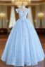 Blue Long Lace Floral Evening Prom Dress, Long Blue Lace Evening Dress with Flowers