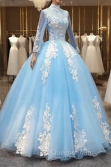 Blue Long Sleeves lace Tulle Sweet 16 Dress, Light Blue Ball Gown Evening Dress, Party Dress