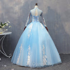 Blue Long Sleeves lace Tulle Sweet 16 Dress, Light Blue Ball Gown Evening Dress, Party Dress