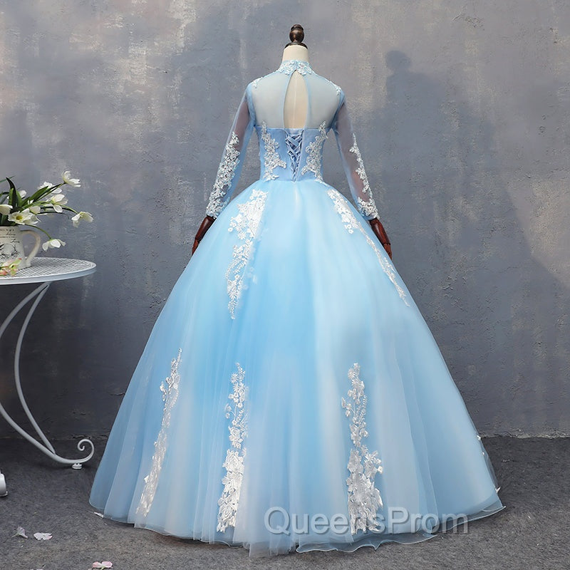Blue Long Sleeves lace Tulle Sweet 16 Dress, Light Blue Ball Gown Evening Dress, Party Dress
