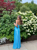 Blue Long Straps Sweetheart Party Dress Classy Dress, Blue Satin Classy Evening Dress
