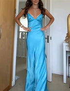 Blue Long Straps Sweetheart Party Dress Classy Dress, Blue Satin Classy Evening Dress