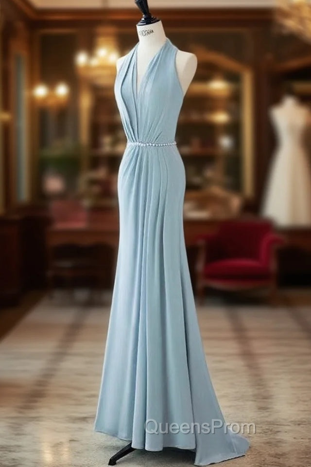 Blue Mermaid Halter Pleats Pearls Evening Prom Dress