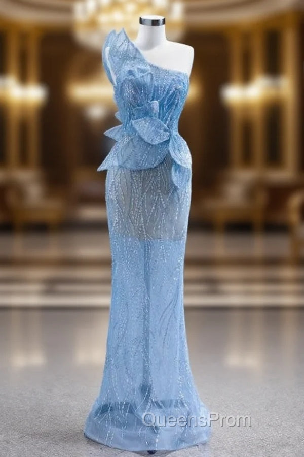 Blue Mermaid One Shoulder Sequins Evening Prom Dress