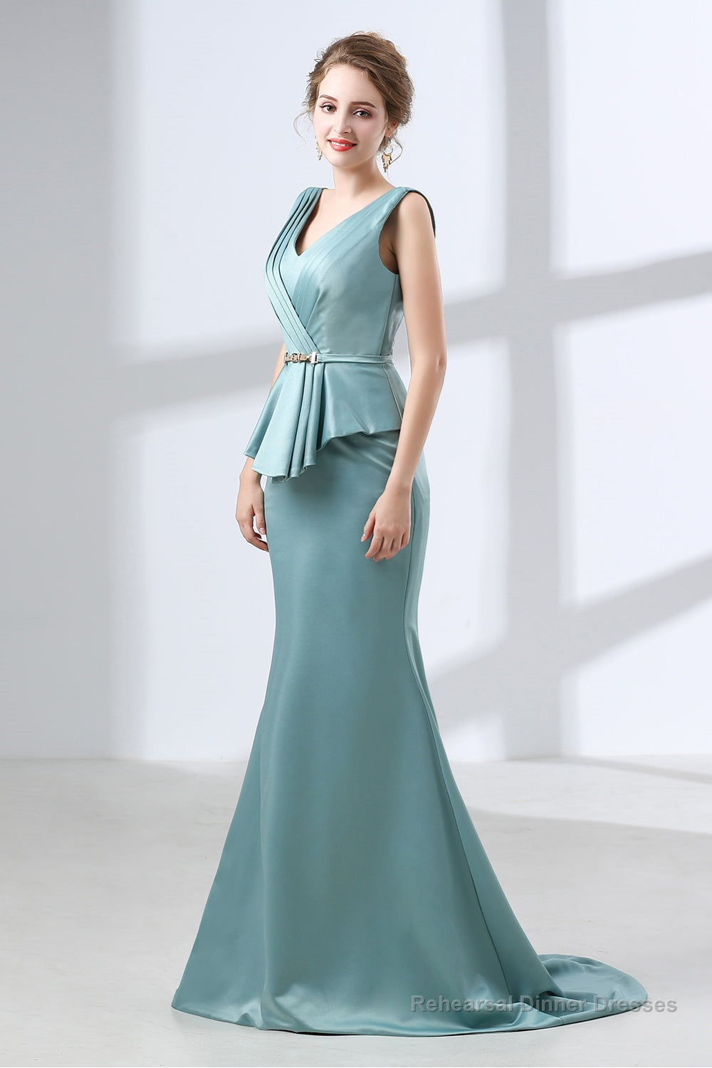 Blue Mermaid Satin V-neck Backless Prom Dresses With Sash Secondary image