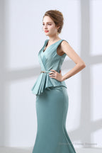 Blue Mermaid Satin V-neck Backless Prom Dresses With Sash
