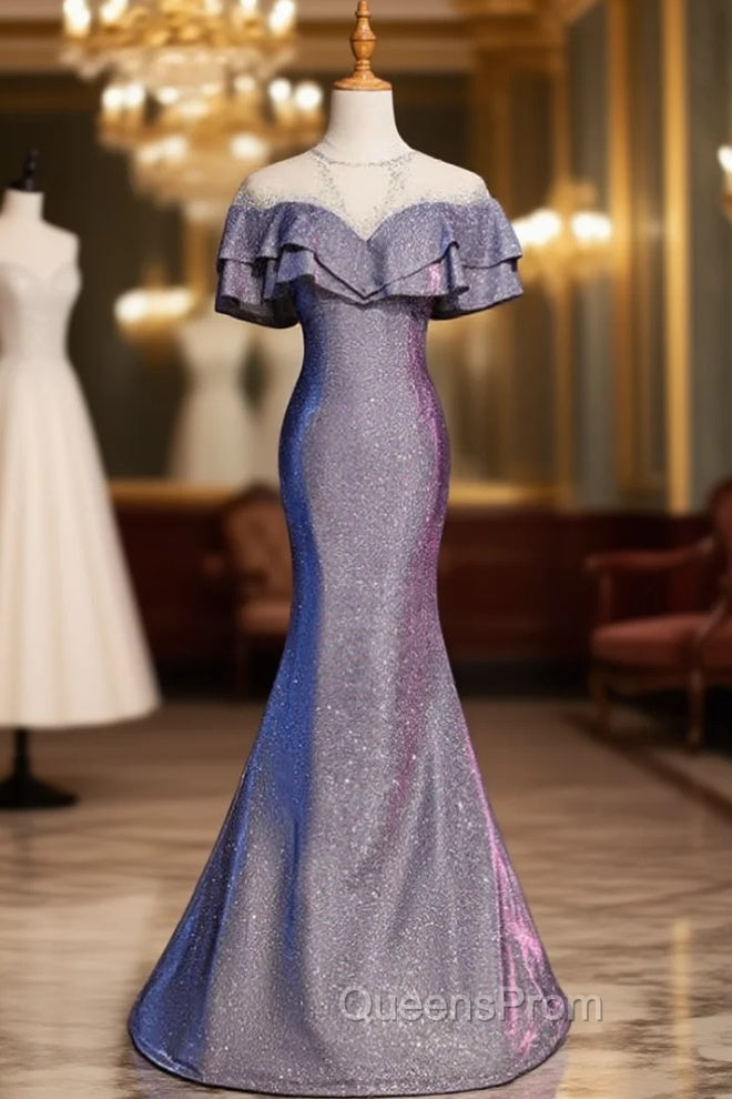 Blue Mermaid Scoop Short Sleeve Beading Evening Prom Dress