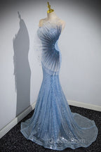 Blue Mermaid Sequin Sheer Straps Scalloped Long Evening Prom Dress