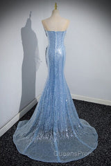 Blue Mermaid Sequin Sheer Straps Scalloped Long Evening Prom Dress
