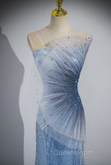 Blue Mermaid Sequin Sheer Straps Scalloped Long Evening Prom Dress