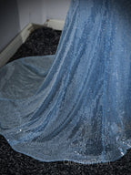 Blue Mermaid Sequin Sheer Straps Scalloped Long Evening Prom Dress