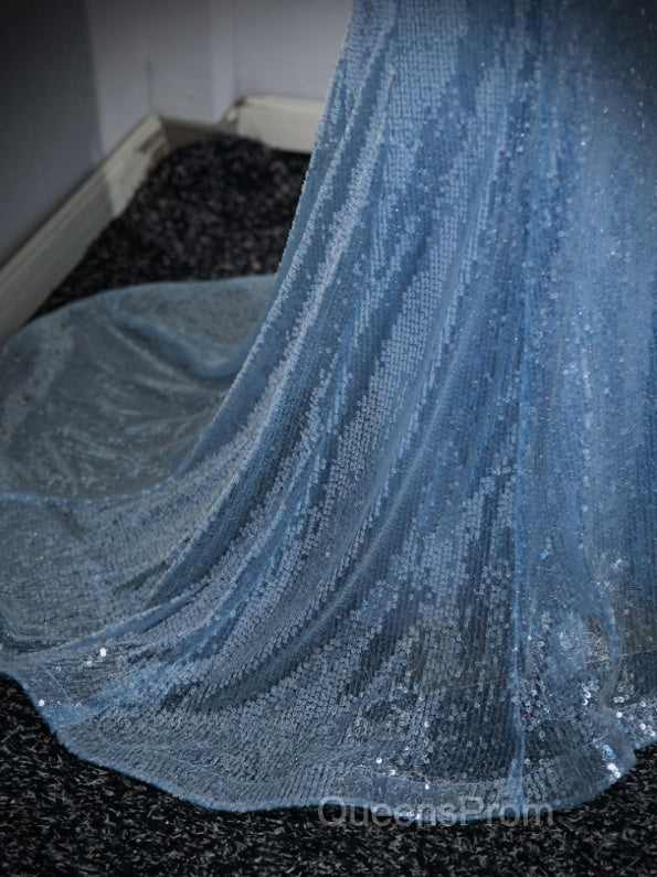 Blue Mermaid Sequin Sheer Straps Scalloped Long Evening Prom Dress