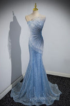 Blue Mermaid Sequin Sheer Straps Scalloped Long Evening Prom Dress