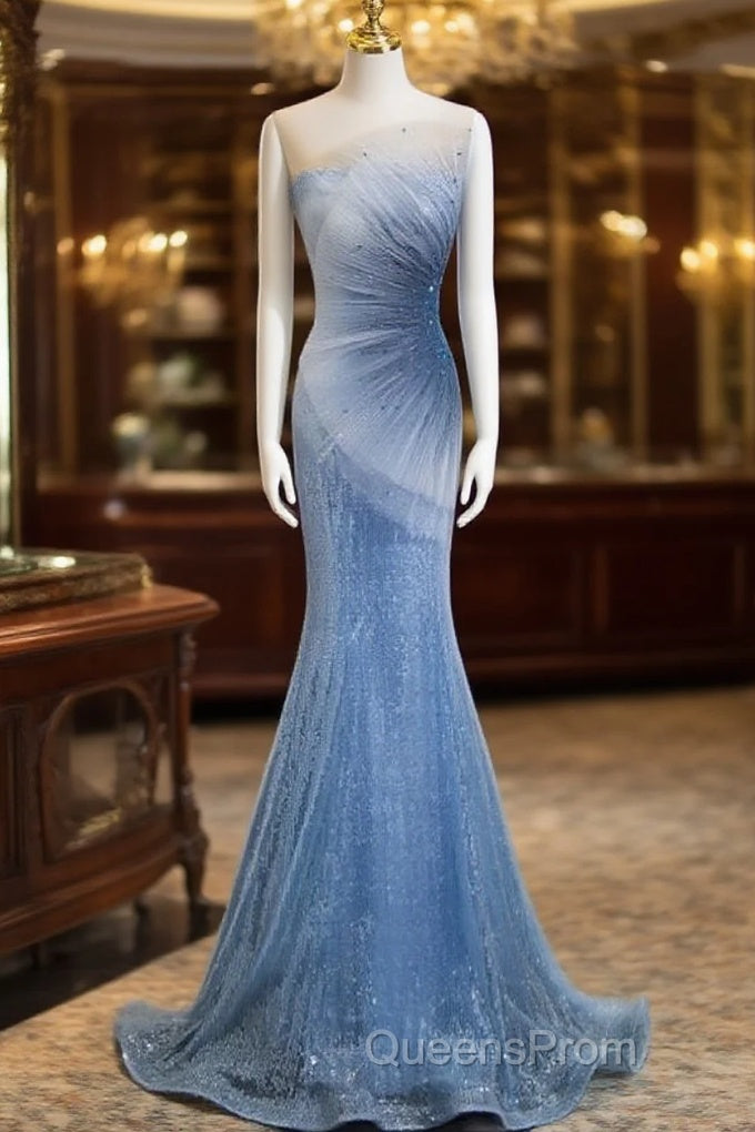 Blue Mermaid Sequin Sheer Straps Scalloped Long Evening Prom Dress Main image