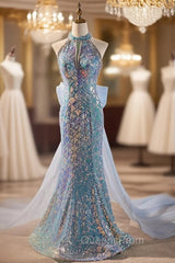 Blue Mermaid Sequins Beading Evening Prom Dress
