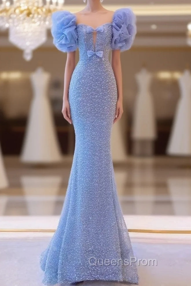 Blue Mermaid Sequins Bow Evening Prom Dress Main image