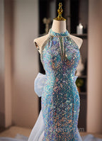 Blue Mermaid Sequins Halter Long Party Dress with Bow, Blue Sequins Evening Prom Dress