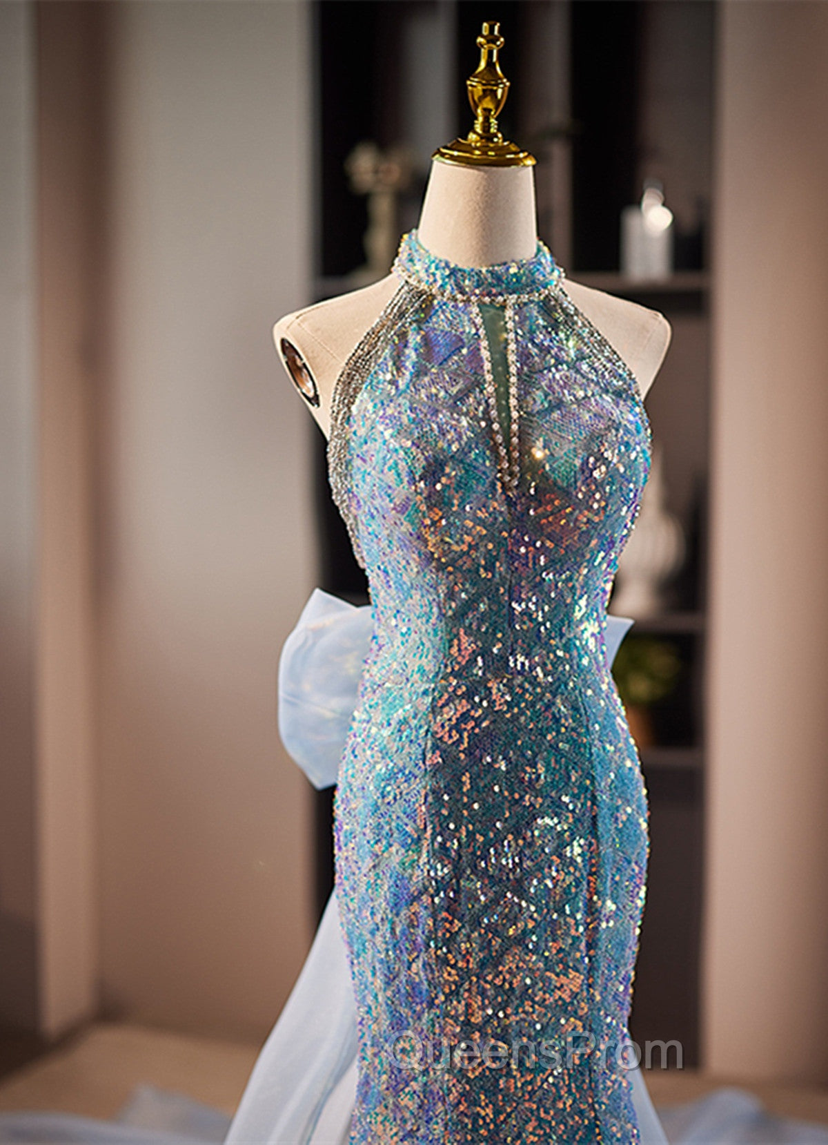 Blue Mermaid Sequins Halter Long Party Dress with Bow, Blue Sequins Evening Prom Dress