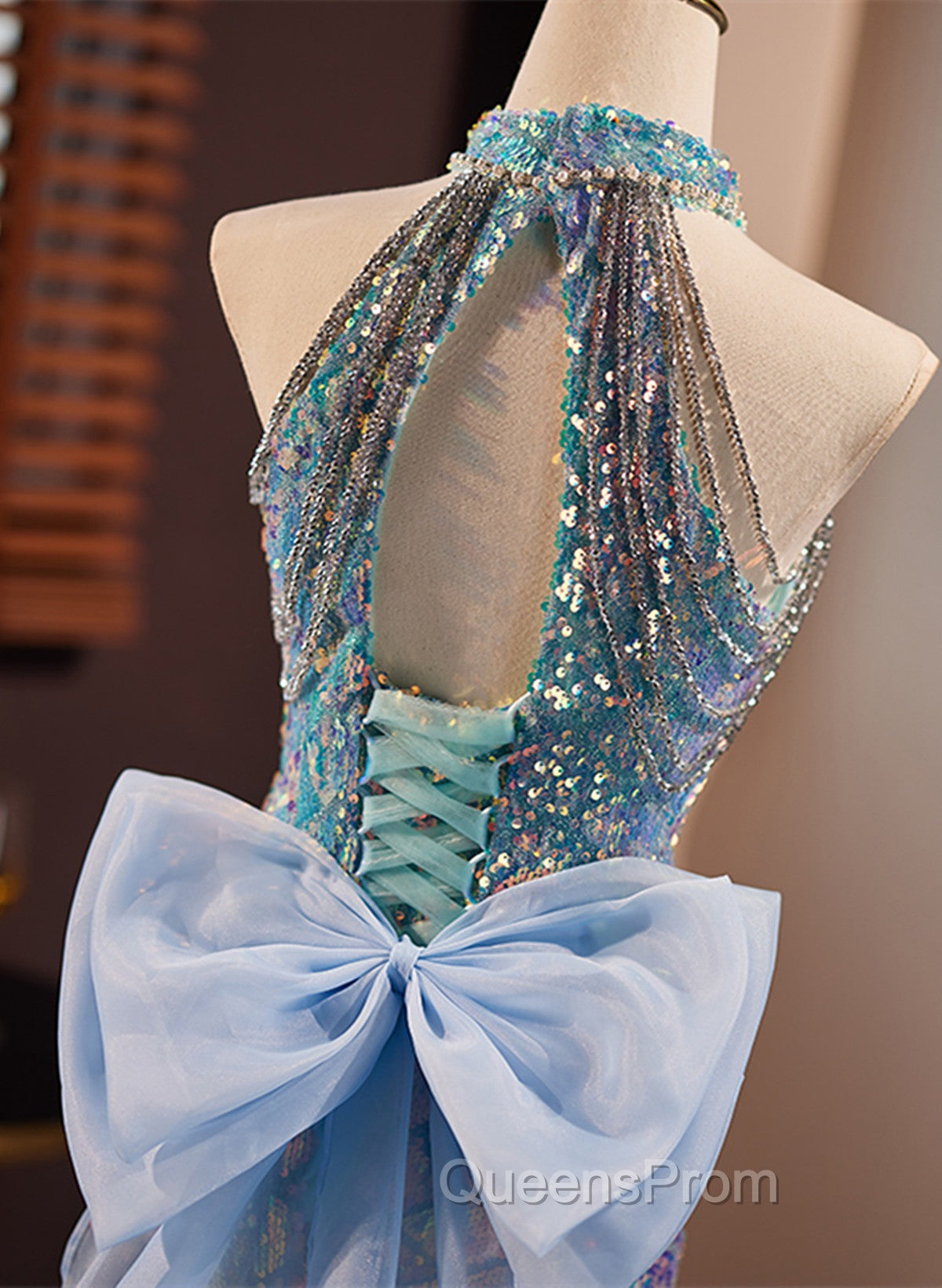 Blue Mermaid Sequins Halter Long Party Dress with Bow, Blue Sequins Evening Prom Dress