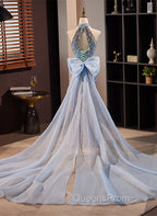 Blue Mermaid Sequins Halter Long Party Dress with Bow, Blue Sequins Evening Prom Dress
