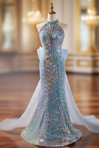 Blue Mermaid Sequins Halter Long Party Dress with Bow, Blue Sequins Evening Prom Dress