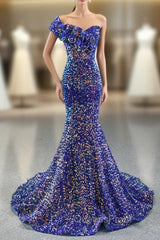 Blue Mermaid Sequins One Shoulder Ruffles Evening Prom Dress