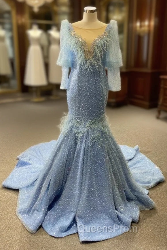 Blue Mermaid Sequins Pearls Long Sleeve Evening Prom Dress