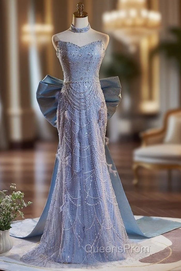 Blue Mermaid Sequins Pearls Evening Prom Dress With Bow
