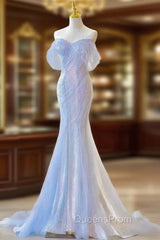 Blue Mermaid Sequins Pleats Evening Prom Dress