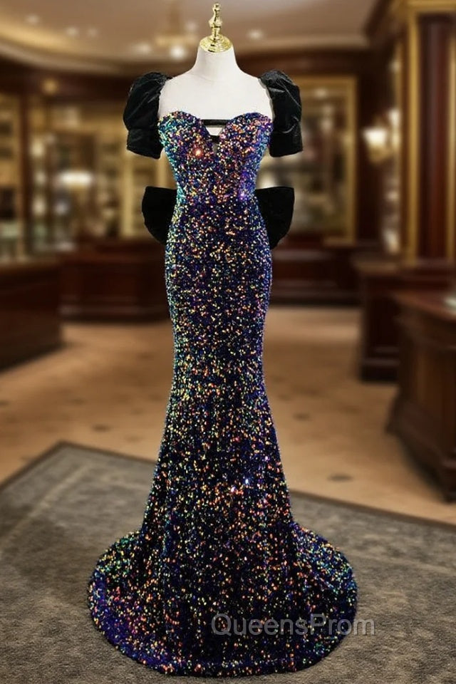 Blue Mermaid Sequins Puff Sleeve Bow Evening Prom Dress