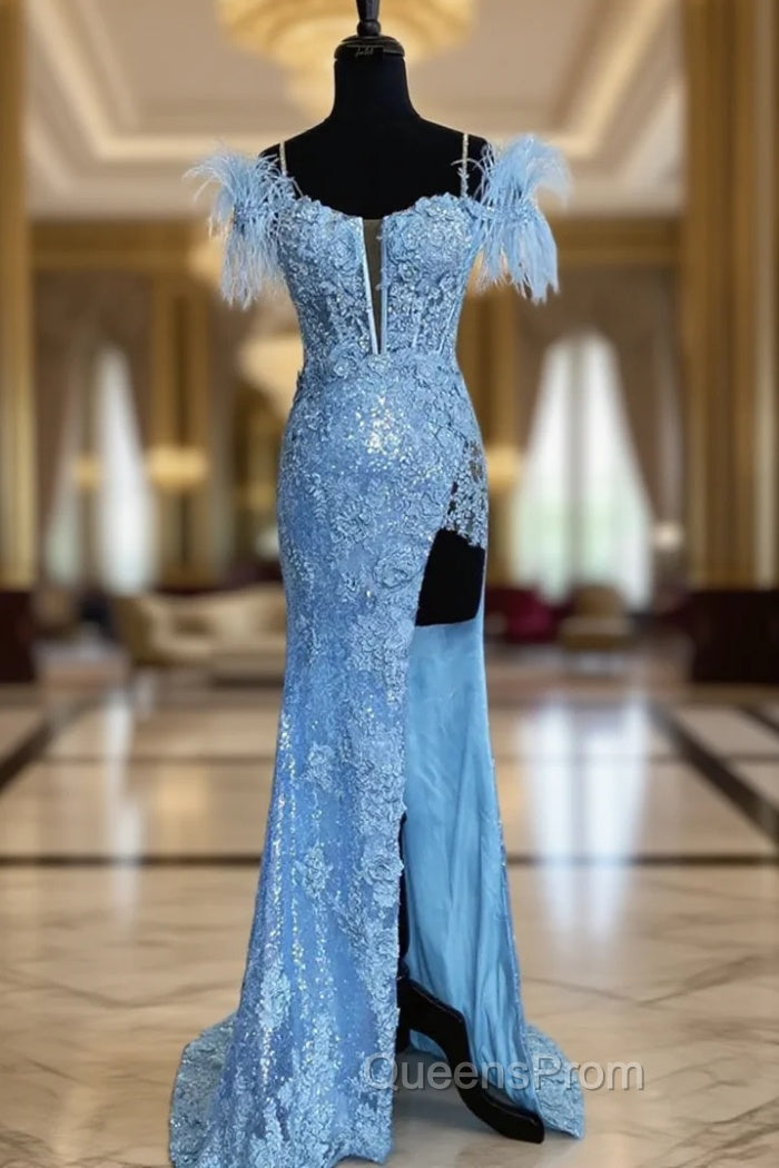 Blue Mermaid Sequins Spaghetti Straps Feather Evening Prom Dress